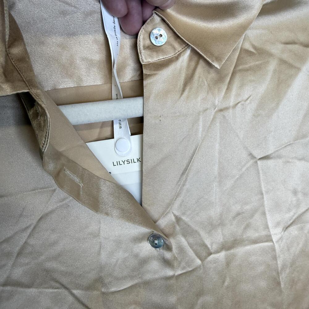 LILYSILK Shirt Womens Medium Beige Light Camel 100% Silk Button Front Top - Flaw - Picture 4 of 16